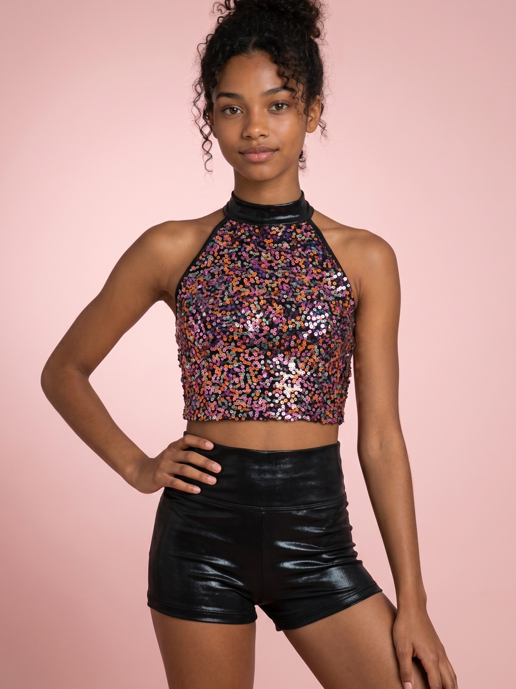 Jazzamatazz Pink Purple Sequin Jazz Tap Dance Performance Costume Black Shorts-S